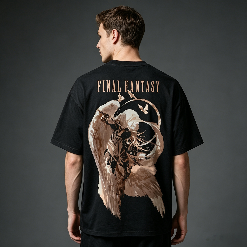 Men's Pure Cotton Vintage-Style Final Fantasy VII Graphic T-Shirt – Oversized, Drop-Shoulder, Short-Sleeve with Large Double-Sided Sephiroth Print
