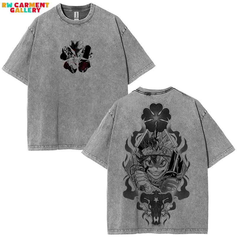 Atsu Black Clover Oversized Y2K Vintage Washed Cotton T-Shirt, Black Clover Anime Double-Sided Printed Graphic Tee, Retro Casual Unisex Oversize Anime Manga Acid Wash Streetwear, Otaku Top Fit, Gift For Anime Fan Manga Lover