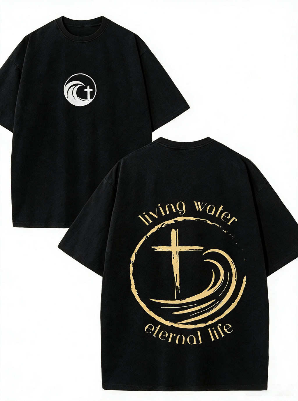 "Living Water" Cross and Ocean Wave Double-Sided Print T-Shirt – 100% Cotton, Distressed Washed Finish, Loose-Fit Short-Sleeve Tee with Religious/Faith Theme