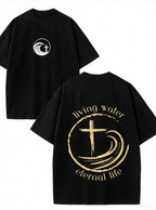 "Living Water" Cross and Ocean Wave Double-Sided Print T-Shirt – 100% Cotton, Distressed Washed Finish, Loose-Fit Short-Sleeve Tee with Religious/Faith Theme