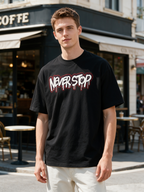 "NEVER STOP" Graffiti Letter Print Short-Sleeve T-Shirt – Heavyweight Pure Cotton, Oversized, American Retro Hip-Hop Streetwear Style