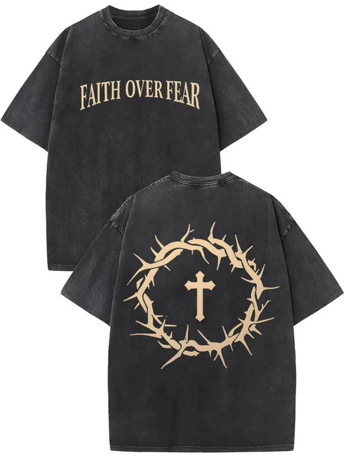 Vintage Stonewashed Faith Text Thorn Crown Cross Short-Sleeve Top, High Street Heavyweight Cotton Drop-Shoulder Religious Style Casual Short-Sleeve Top