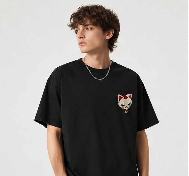 Vintage-Wash Short-Sleeve T-Shirt | *Dandadan* Maneki-neko Double-Sided Anime Print – Unisex Oversized Fit