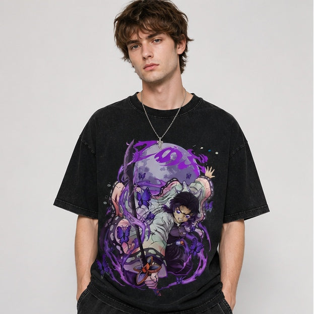 Vintage-Wash Oversized Short-Sleeve T-Shirt | *Demon Slayer* Shinobu Kocho (Purple Moon & Butterfly) Graphic — Unisex High-Street Style