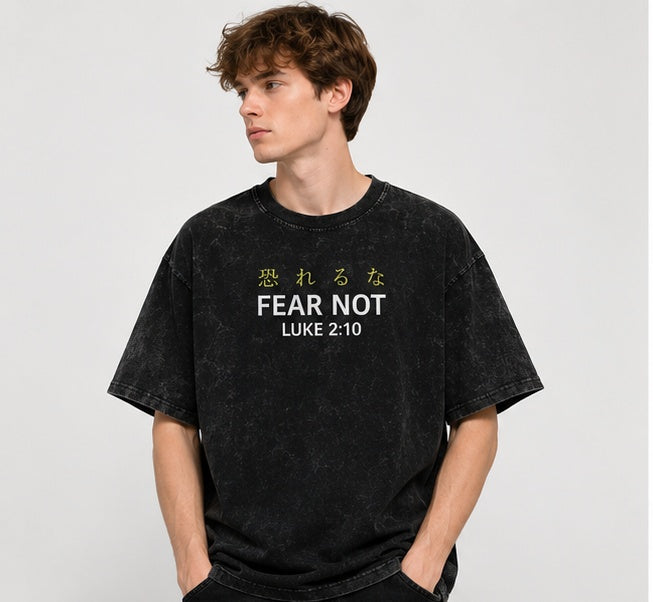 Vintage-Wash Short-Sleeve T-Shirt | FEAR NOT "Angel Prayer" – Double-Sided Religious Scripture Print – Unisex Oversized Fit