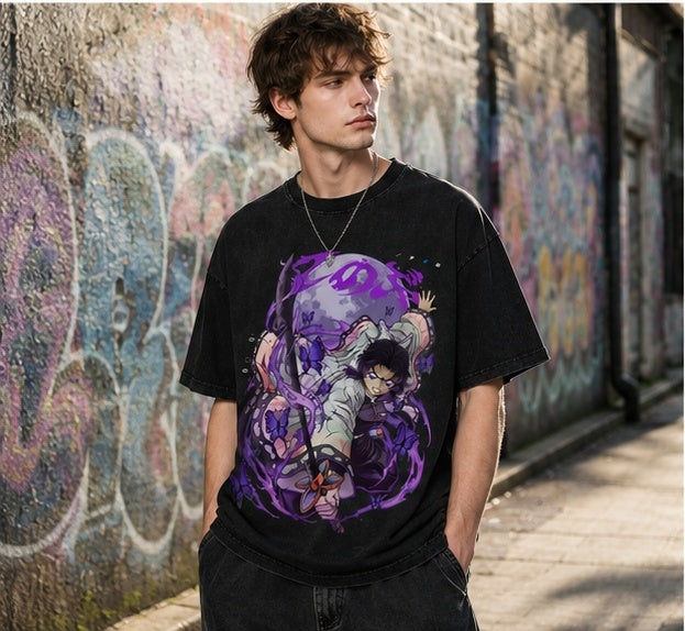 Vintage-Wash Oversized Short-Sleeve T-Shirt | *Demon Slayer* Shinobu Kocho (Purple Moon & Butterfly) Graphic — Unisex High-Street Style