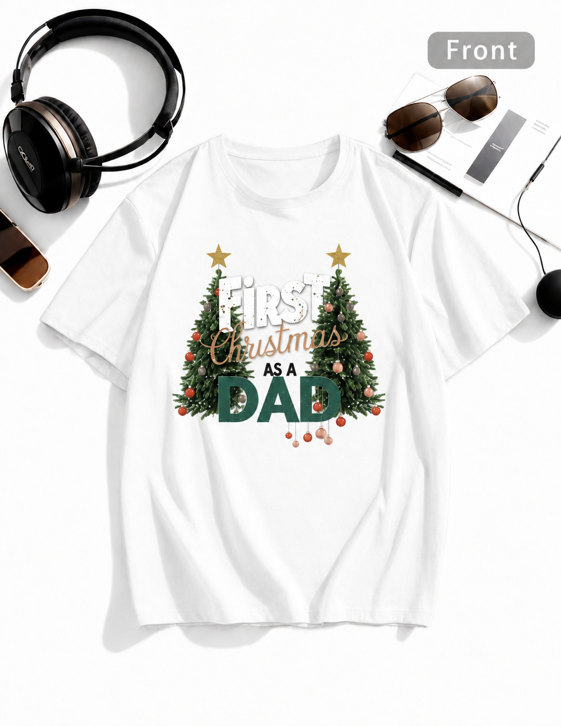 American-style washed retro print short-sleeved T-shirt for new dads' first Christmas - Heavyweight oversized men's holiday commemorative T-shirt.
