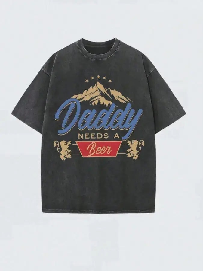 American-style vintage "dirty-wash" T-shirt with a fun slogan; features a distressed, faded finish—a versatile, casual short-sleeve top perfect for Father's Day.