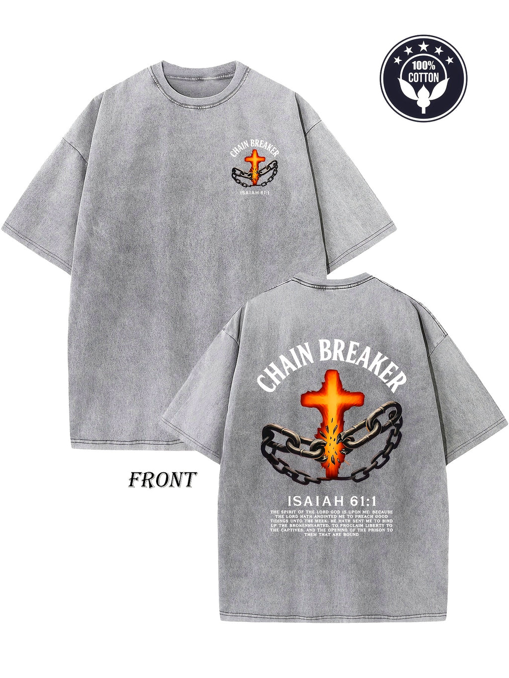Heavyweight 250g vintage washed cotton T-shirt - featuring a chain breaker Christian faith pattern, printed with Isaiah 58:1 Bible verse double-sided print, drop shoulder loose fit, unisex streetwear, casual church attire and daily wear, hip-hop style, du