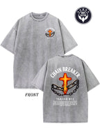 Heavyweight 250g vintage washed cotton T-shirt - featuring a chain breaker Christian faith pattern, printed with Isaiah 58:1 Bible verse double-sided print, drop shoulder loose fit, unisex streetwear, casual church attire and daily wear, hip-hop style, du