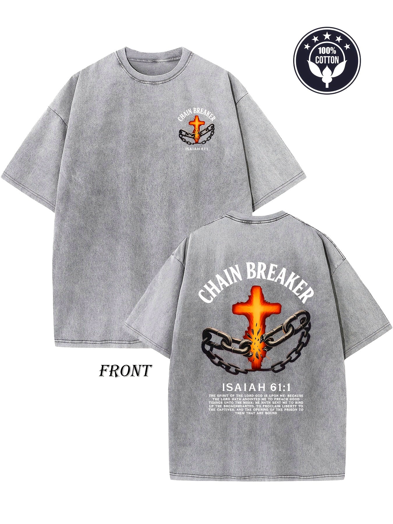 Heavyweight 250g vintage washed cotton T-shirt - featuring a chain breaker Christian faith pattern, printed with Isaiah 58:1 Bible verse double-sided print, drop shoulder loose fit, unisex streetwear, casual church attire and daily wear, hip-hop style, du