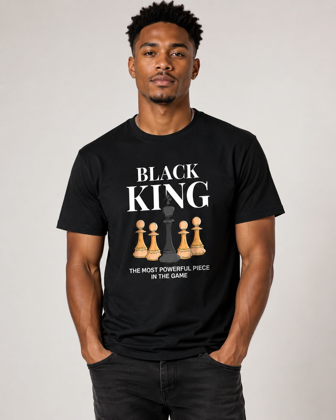 American Streetwear Style "Black King" Theme T-Shirt – Loose-Fit Casual Unisex Tee with Checkerboard & Chess Piece Print