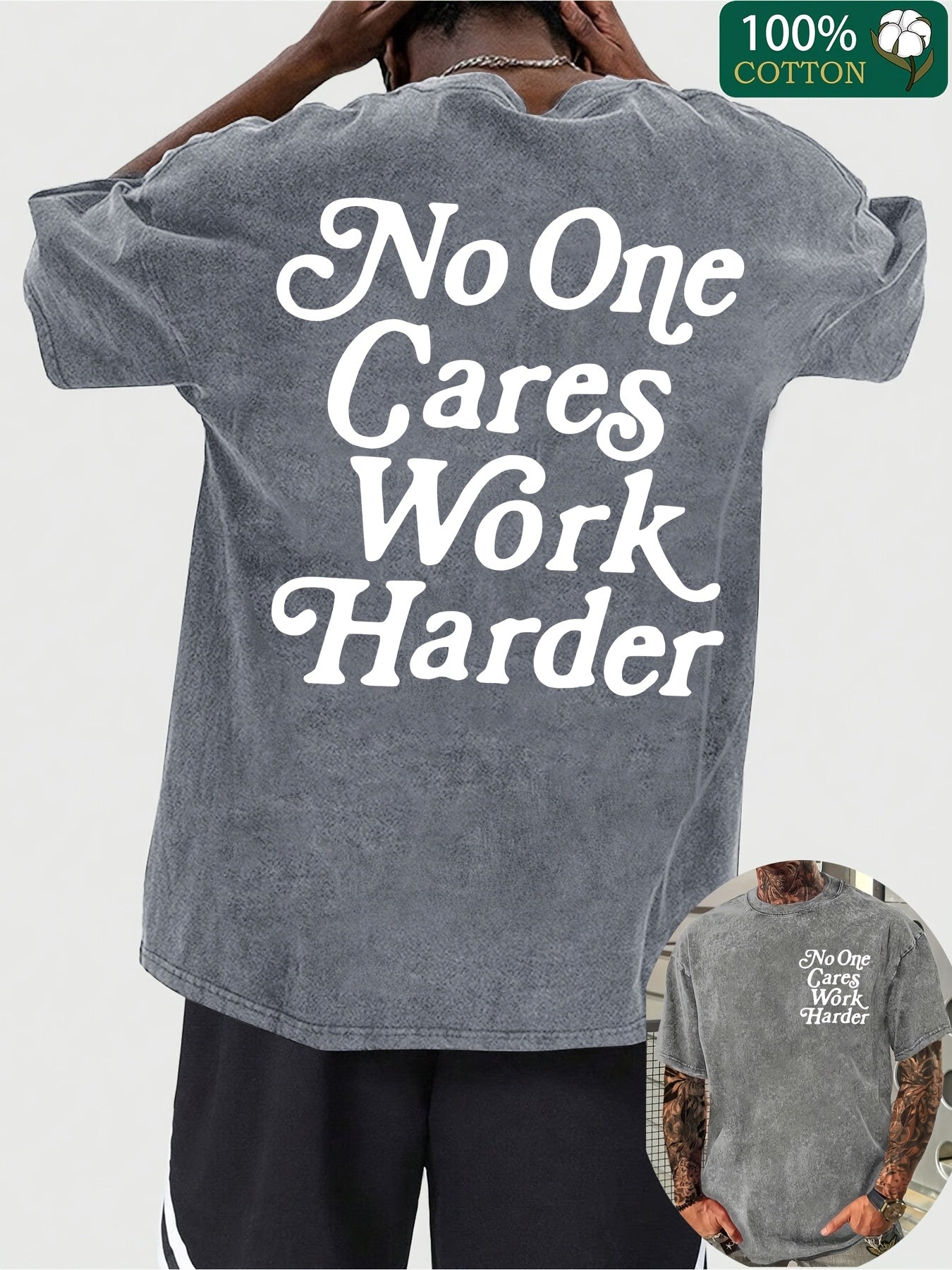 A Unisex Vintage-Style T-Shirt Featuring The Phrase "No One Cares Work Harder". It Has a Casual Round Neck, Short Sleeves, And Is Made from Knitted Fabric, Making It a Basic Piece Suitable for Everyday Wear in Spring And Autumn.