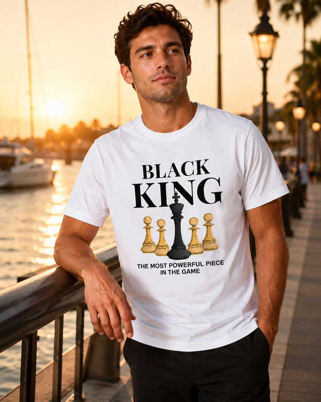 American Streetwear Style "Black King" Theme T-Shirt – Loose-Fit Casual Unisex Tee with Checkerboard & Chess Piece Print
