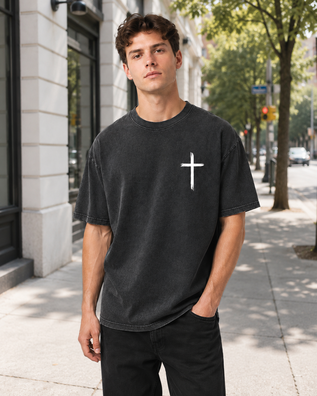 Jesus Loves You Cross Double-sided Print Washed Distressed Short-Sleeve T-Shirt, American Heavyweight Pure Cotton Oversized Christian Retro Casual Unisex T-Shirt