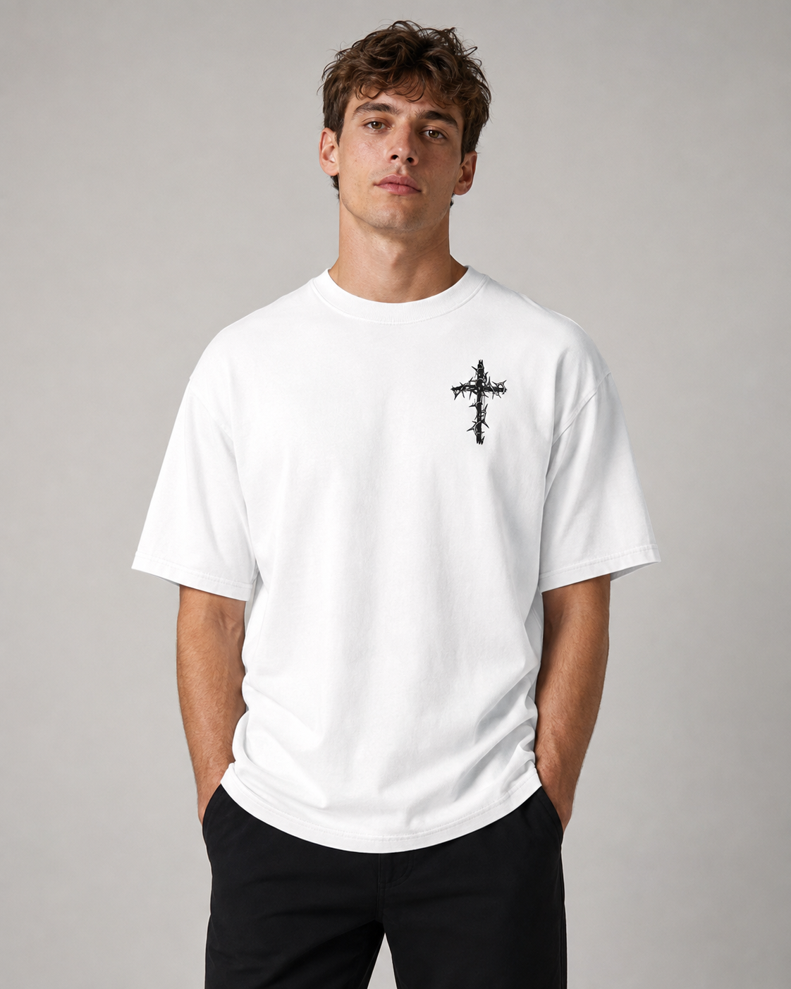 Vintage-Wash Short-Sleeve T-Shirt | Double-Sided Thorn Cross Print | Dark Religious Aesthetic | Oversized Unisex Fit