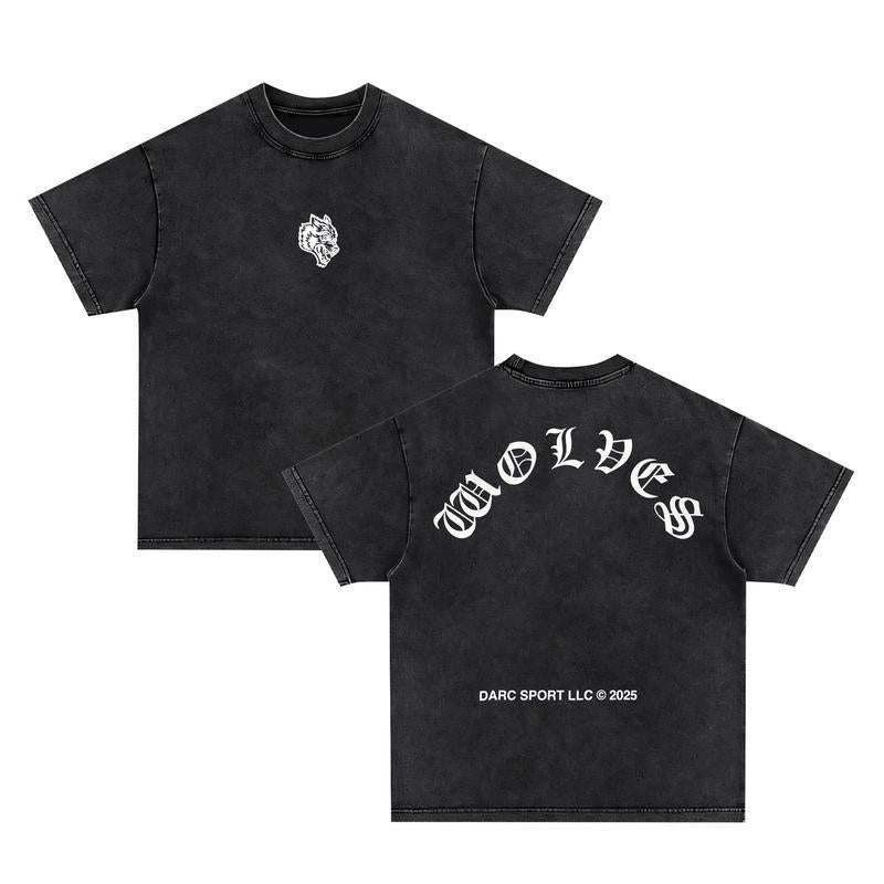 Couples Vintage Washed Print T Shirt Wolf Head Graphic Embroidered Crew Neck Short Sleeve Regular Fit Straight Hem Design