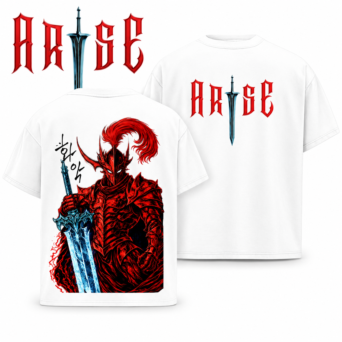 Vintage Acid-Wash "Arise" Dark Knight Reversible Short-Sleeve Tee – Distressed High-Street Oversized Fit Featuring a Demon Warrior in Red Armor Wielding a Greatsword