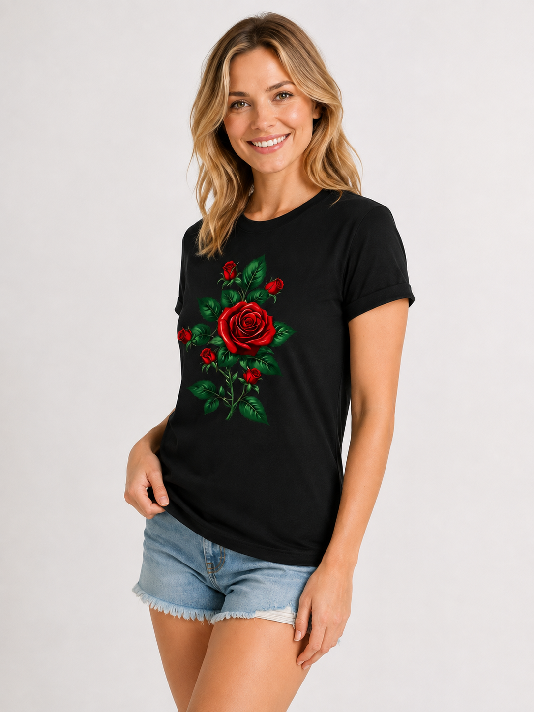 Women's Pure Cotton Short-Sleeve T-Shirt – Vintage Red Rose Floral Print, Crew Neck, Loose Casual Top