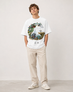 Vintage-style washed white T-shirt featuring a circular illustration of an all-character ensemble (My Neighbor Totoro, Spirited Away, Kiki's Delivery Service); a loose-fit, short-sleeved Japanese anime-style tee for men and women.