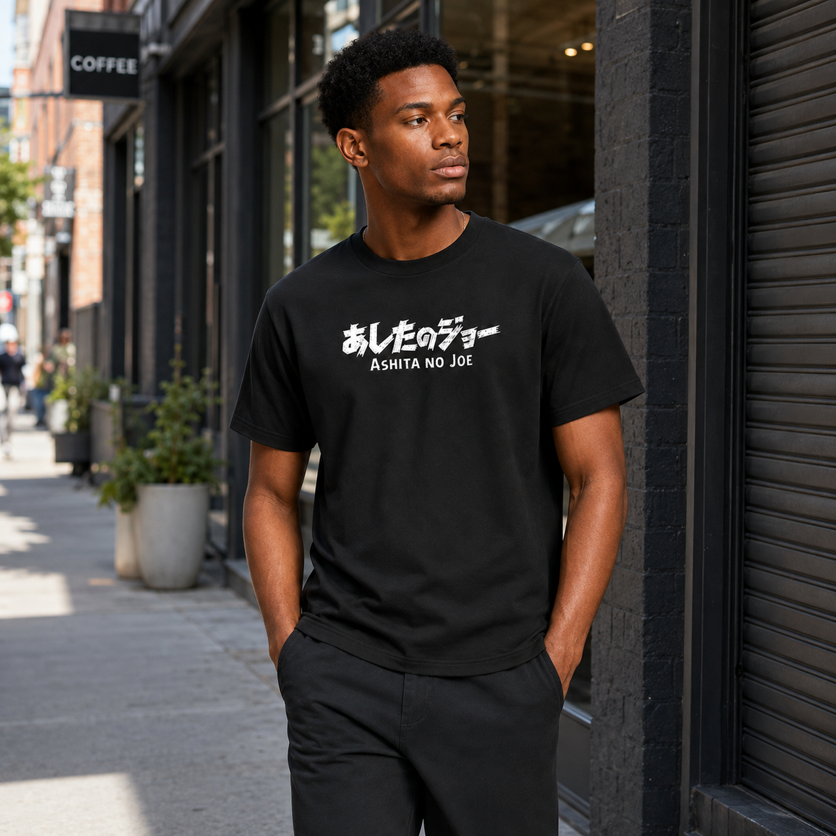 Japanese-style dark anime oversized T-shirt—distressed charcoal black, 100% cotton, featuring a large *Chainsaw Man* print and a vintage casual aesthetic.