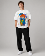 Hand-painted, colorful clown print, distressed wash, American heavyweight pure cotton, oversized, fun, retro, dopamine-inducing unisex T-shirt.