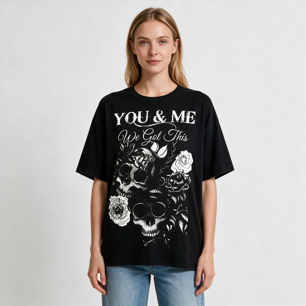 Women's Oversized Pure Cotton T-Shirt – Dark Skull & Rose Vintage Print – Subculture-Inspired Statement Short-Sleeve Tee