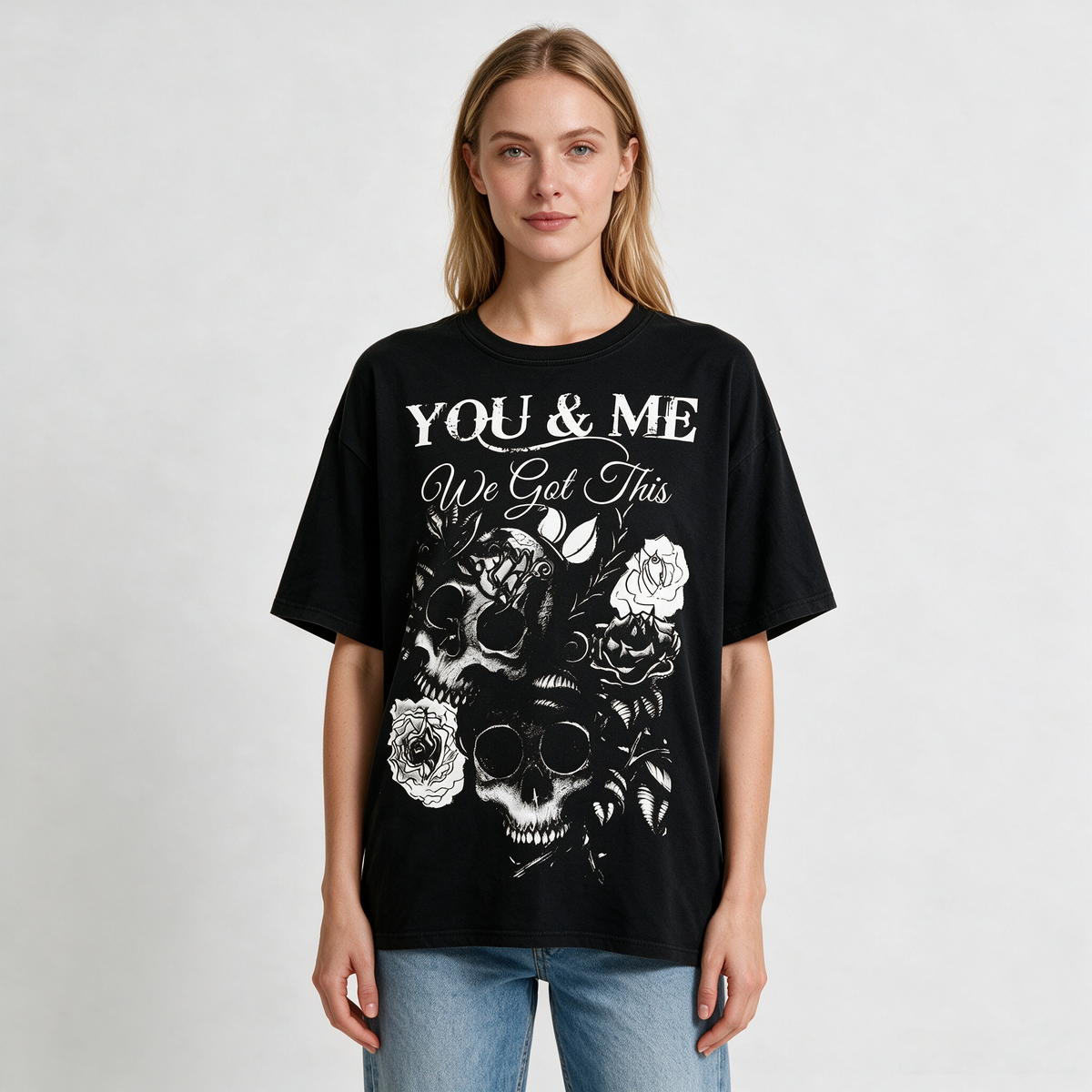 Women's Oversized Pure Cotton T-Shirt – Dark Skull & Rose Vintage Print – Subculture-Inspired Statement Short-Sleeve Tee