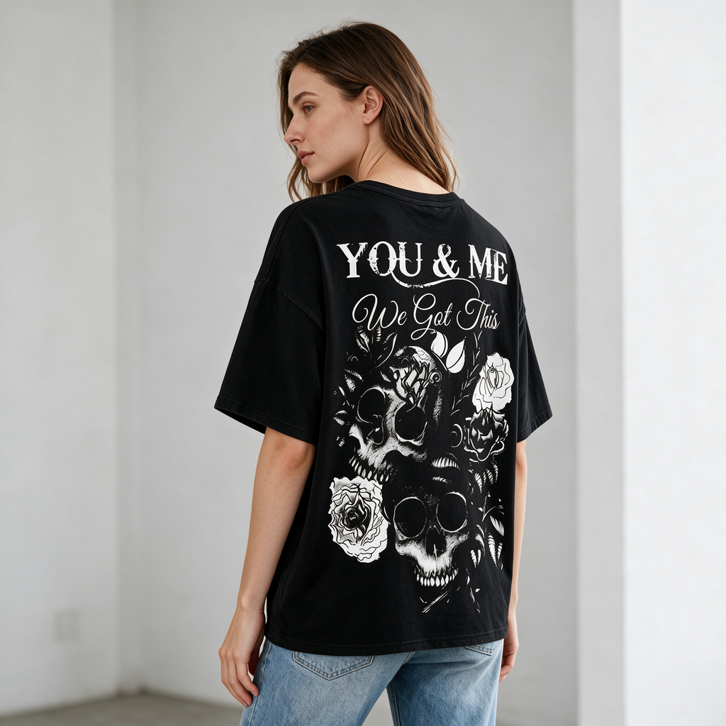 Women's Oversized Pure Cotton T-Shirt – Dark Skull & Rose Vintage Print – Subculture-Inspired Statement Short-Sleeve Tee