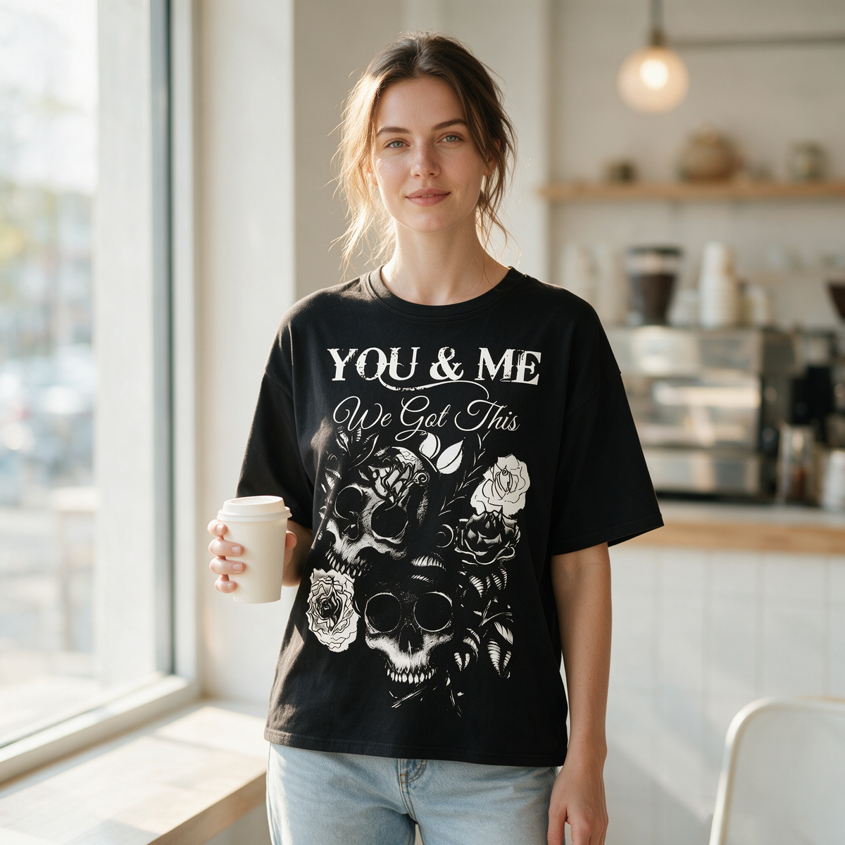 Women's Oversized Pure Cotton T-Shirt – Dark Skull & Rose Vintage Print – Subculture-Inspired Statement Short-Sleeve Tee