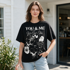Women's Oversized Pure Cotton T-Shirt – Dark Skull & Rose Vintage Print – Subculture-Inspired Statement Short-Sleeve Tee