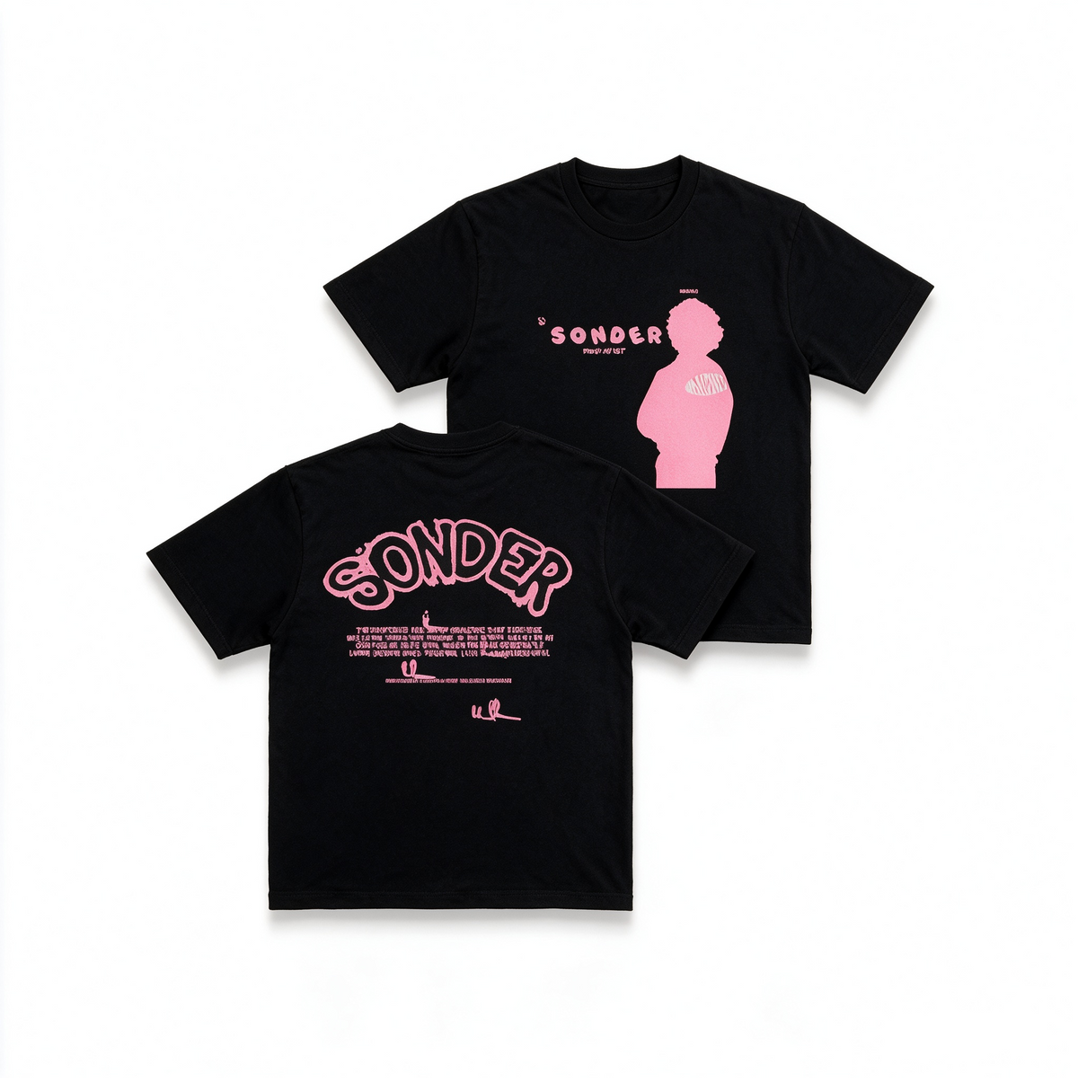 SONDER Black 100% Cotton Oversized Short-Sleeve T-Shirt – Double-Sided Print (Pink Portrait & Graffiti Lettering) – American Streetwear/Hip-Hop Style for Women