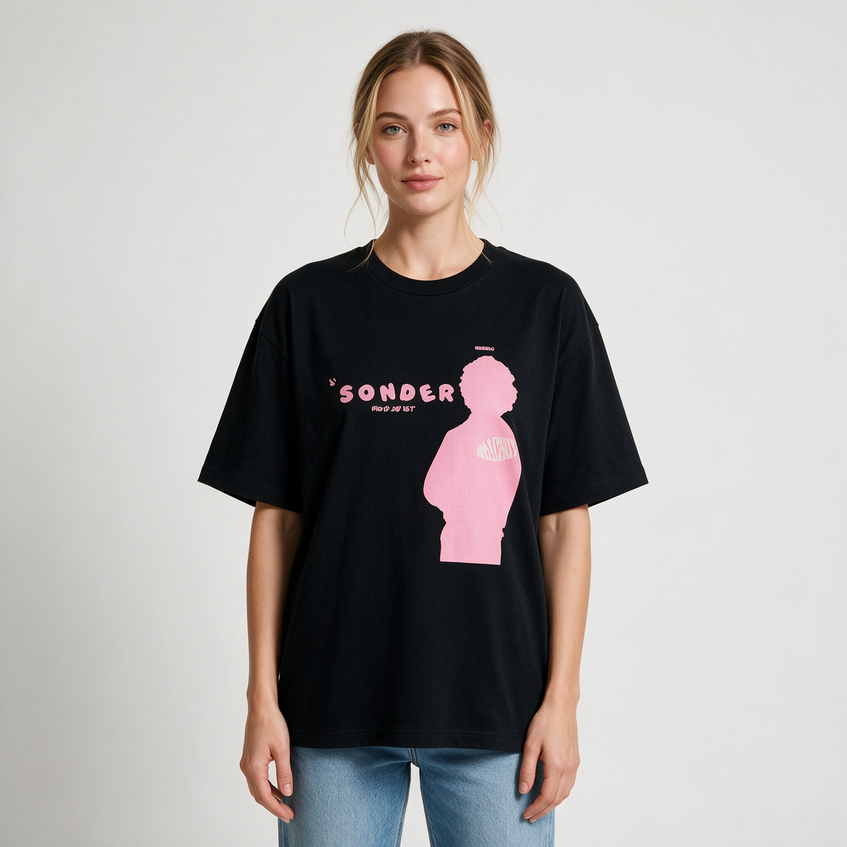 SONDER Black 100% Cotton Oversized Short-Sleeve T-Shirt – Double-Sided Print (Pink Portrait & Graffiti Lettering) – American Streetwear/Hip-Hop Style for Women