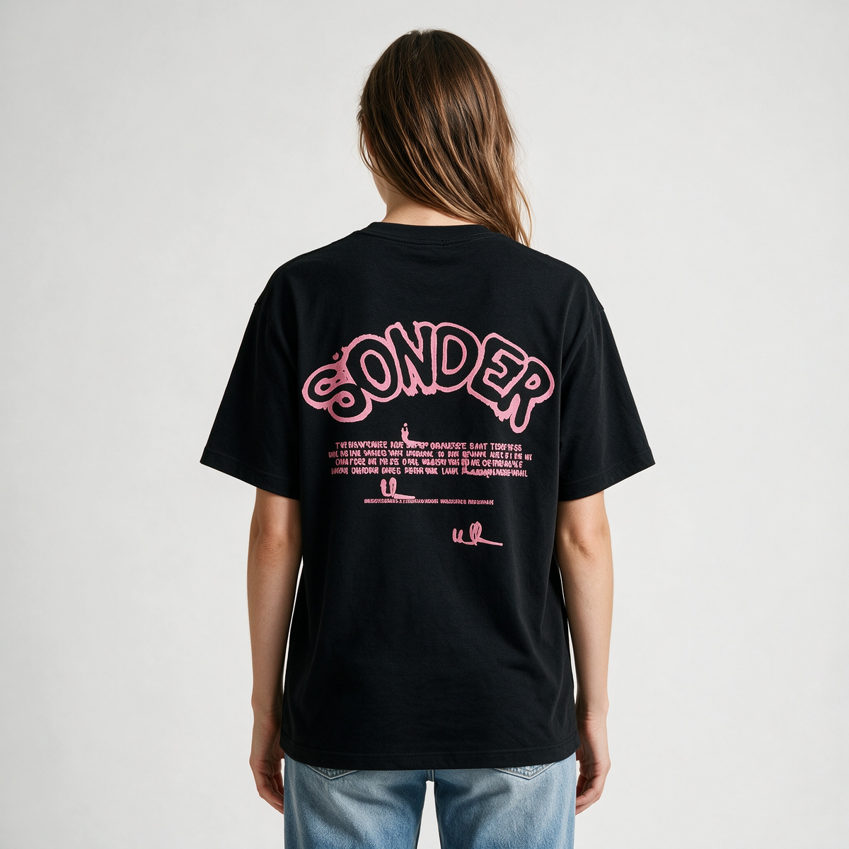 SONDER Black 100% Cotton Oversized Short-Sleeve T-Shirt – Double-Sided Print (Pink Portrait & Graffiti Lettering) – American Streetwear/Hip-Hop Style for Women