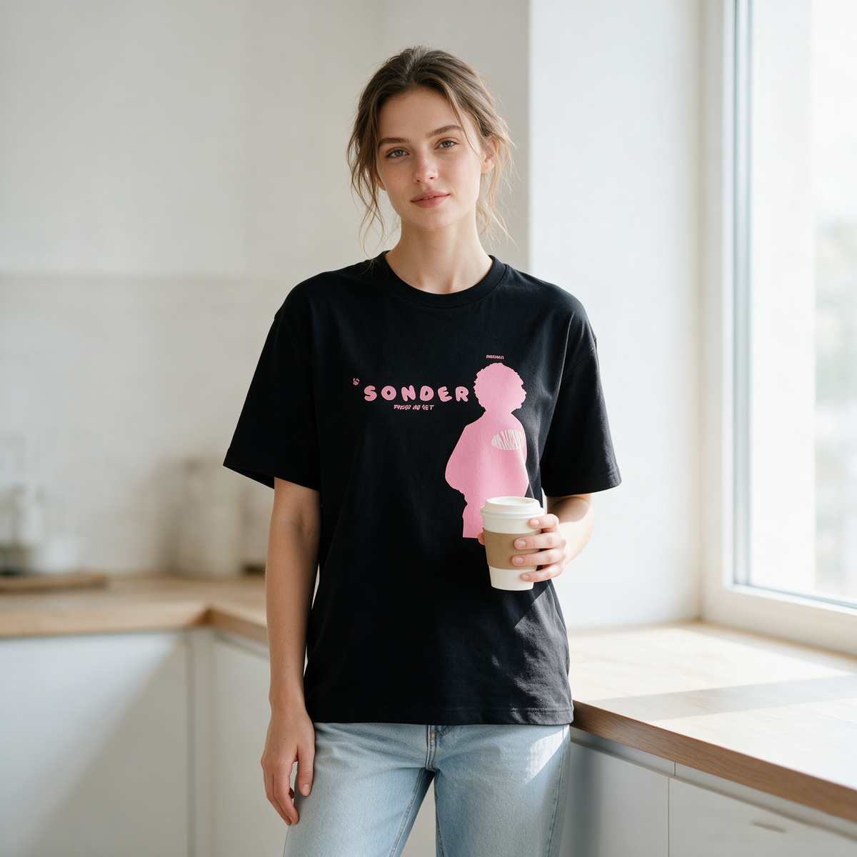 SONDER Black 100% Cotton Oversized Short-Sleeve T-Shirt – Double-Sided Print (Pink Portrait & Graffiti Lettering) – American Streetwear/Hip-Hop Style for Women