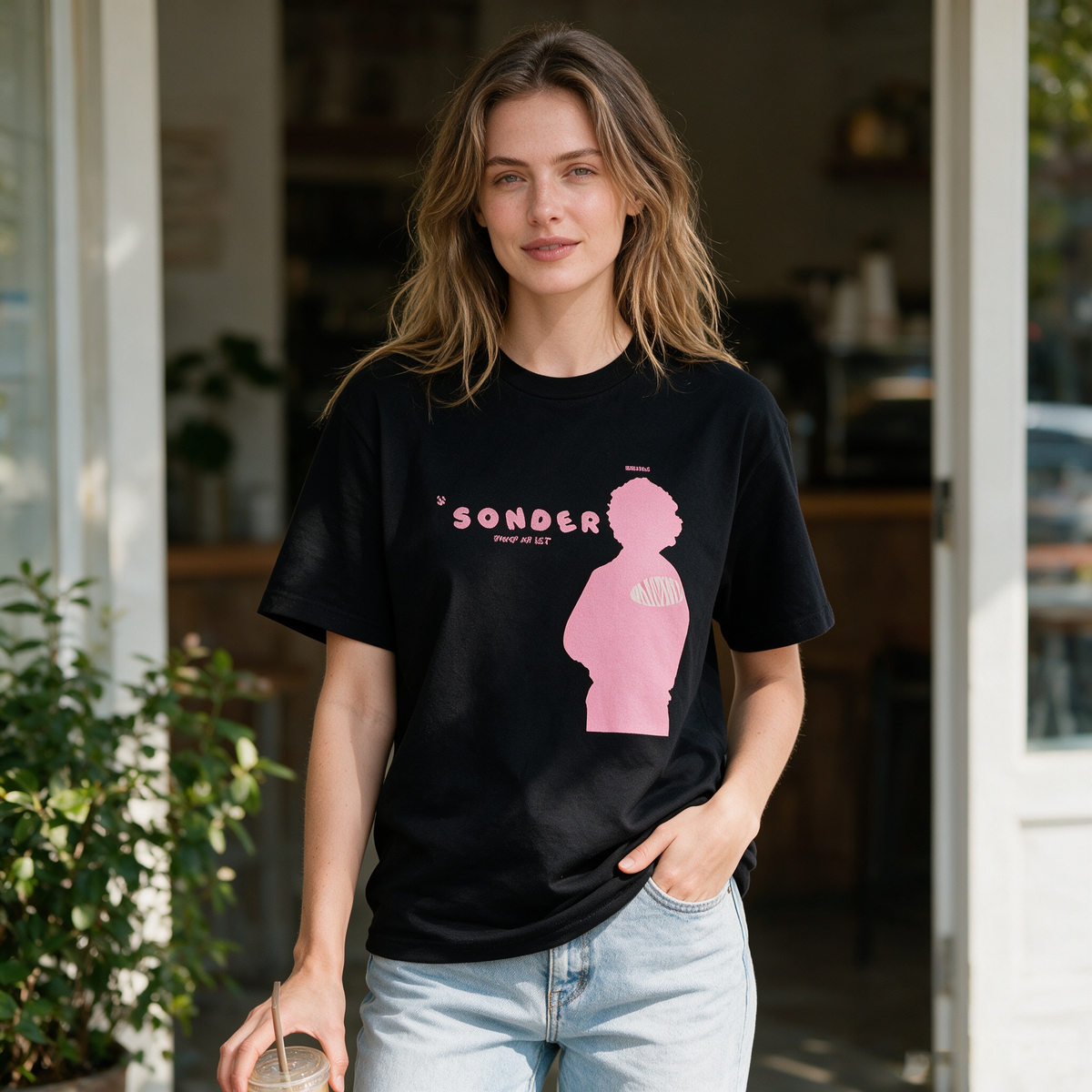 SONDER Black 100% Cotton Oversized Short-Sleeve T-Shirt – Double-Sided Print (Pink Portrait & Graffiti Lettering) – American Streetwear/Hip-Hop Style for Women