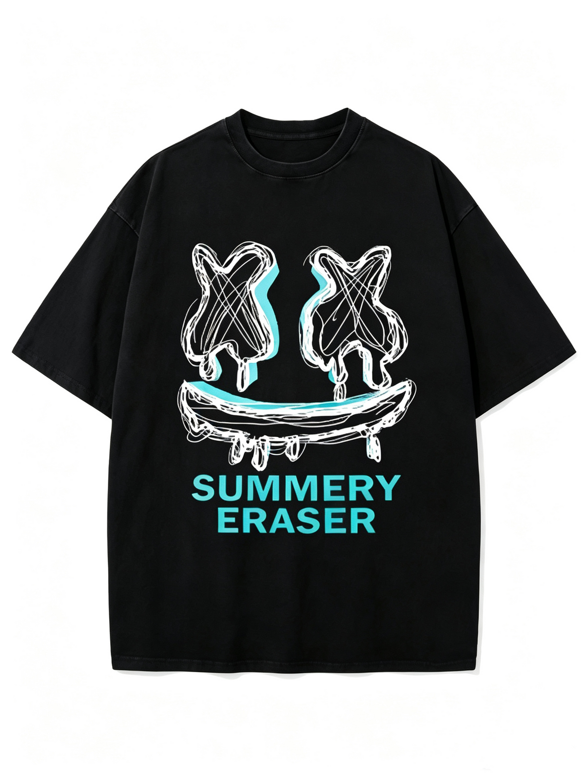 Acid-washed pure cotton short-sleeve T-shirt featuring graffiti, popsicle, skateboard, and smiley face prints; an oversized, loose-fit American streetwear style suitable for both men and women.