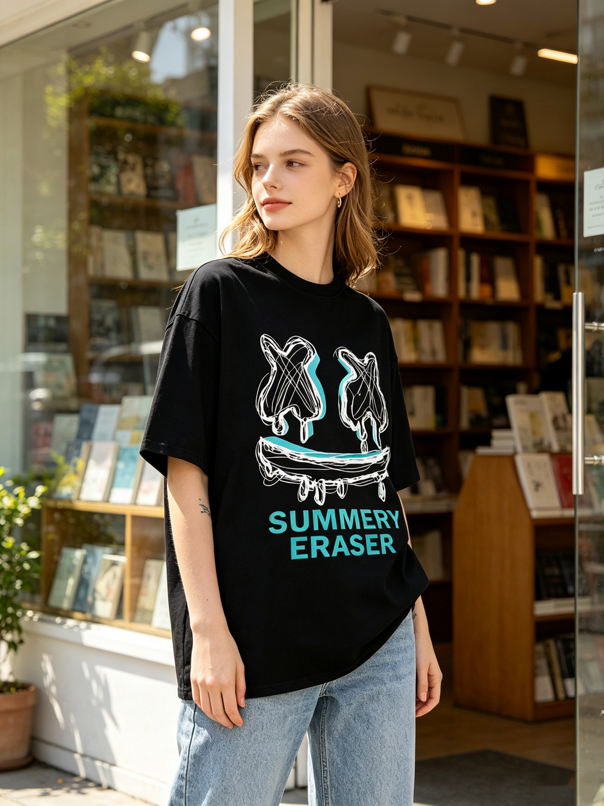 Acid-washed pure cotton short-sleeve T-shirt featuring graffiti, popsicle, skateboard, and smiley face prints; an oversized, loose-fit American streetwear style suitable for both men and women.
