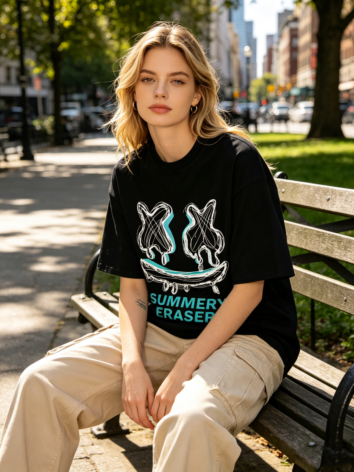 Acid-washed pure cotton short-sleeve T-shirt featuring graffiti, popsicle, skateboard, and smiley face prints; an oversized, loose-fit American streetwear style suitable for both men and women.