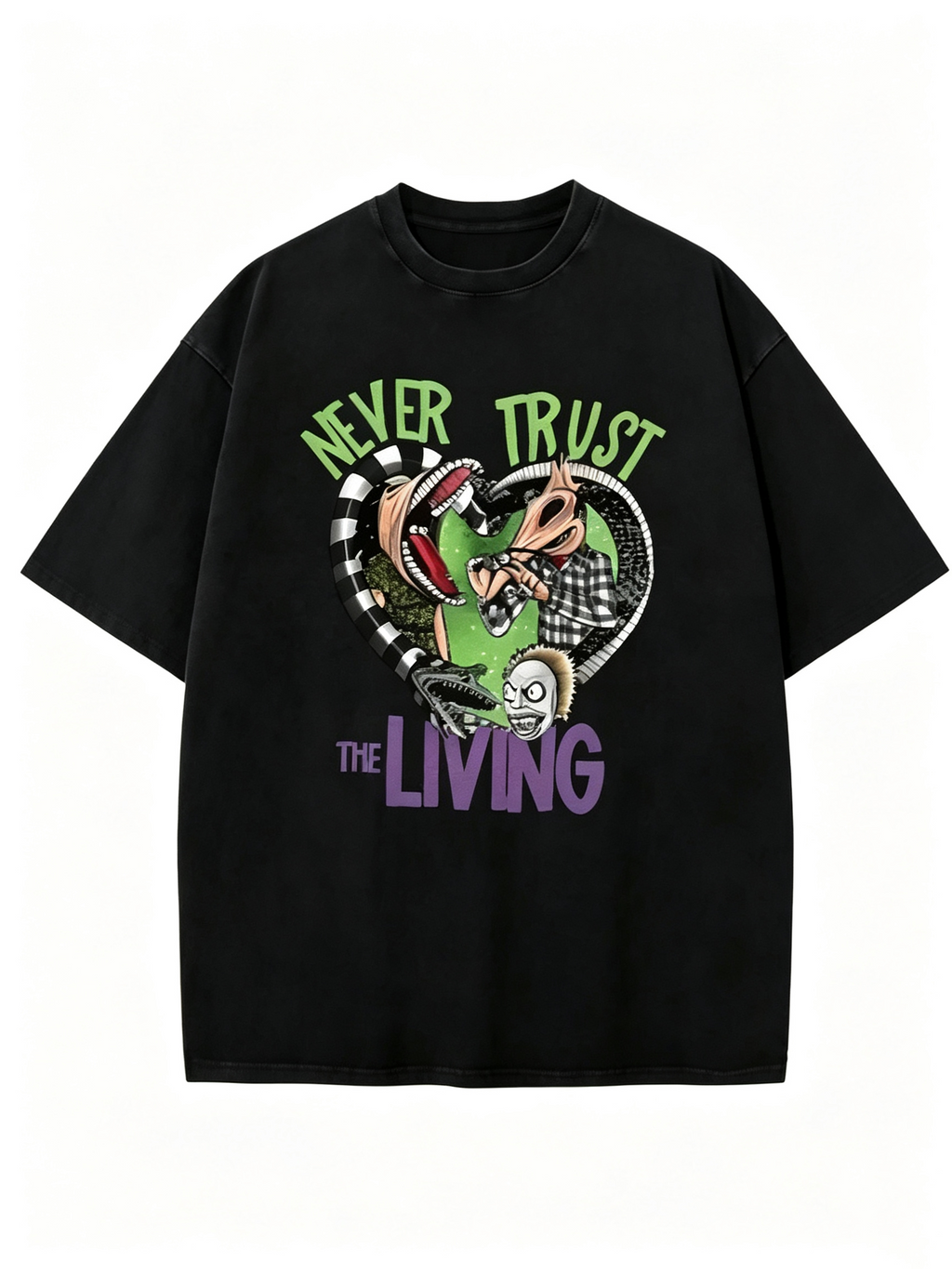 Washed-finish pure cotton short-sleeve T-shirt featuring a spooky "Beetlejuice" cartoon print; American vintage-style, loose, oversized, trendy Halloween tee.