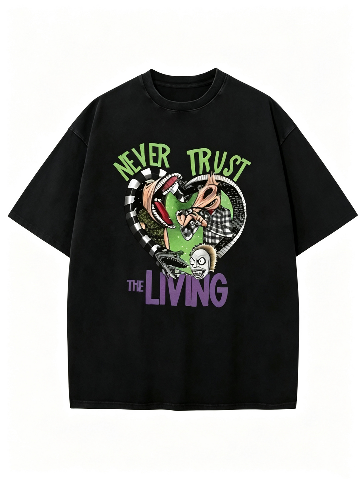 Washed-finish pure cotton short-sleeve T-shirt featuring a spooky "Beetlejuice" cartoon print; American vintage-style, loose, oversized, trendy Halloween tee.