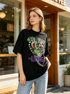Washed-finish pure cotton short-sleeve T-shirt featuring a spooky "Beetlejuice" cartoon print; American vintage-style, loose, oversized, trendy Halloween tee.