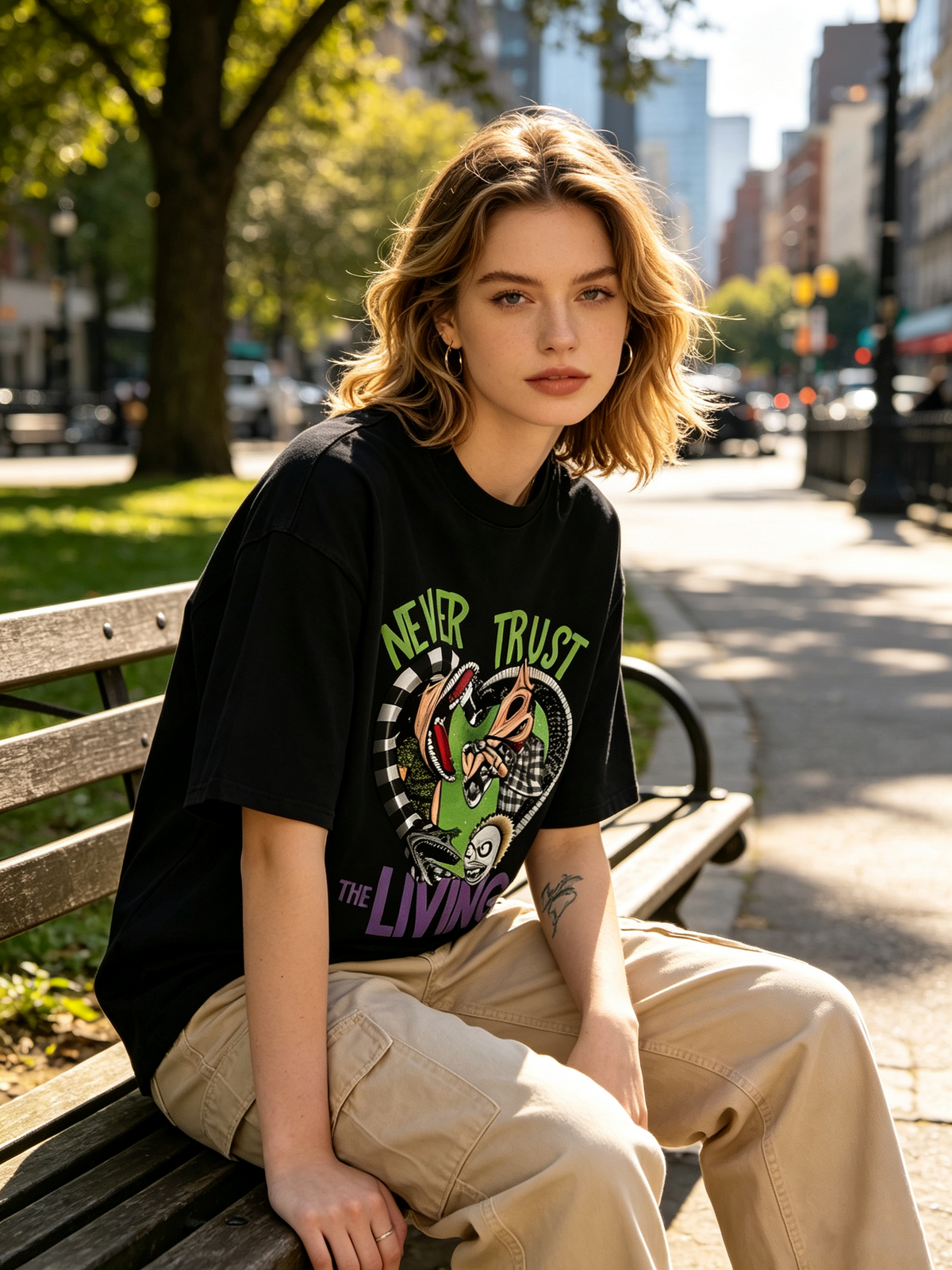Washed-finish pure cotton short-sleeve T-shirt featuring a spooky "Beetlejuice" cartoon print; American vintage-style, loose, oversized, trendy Halloween tee.