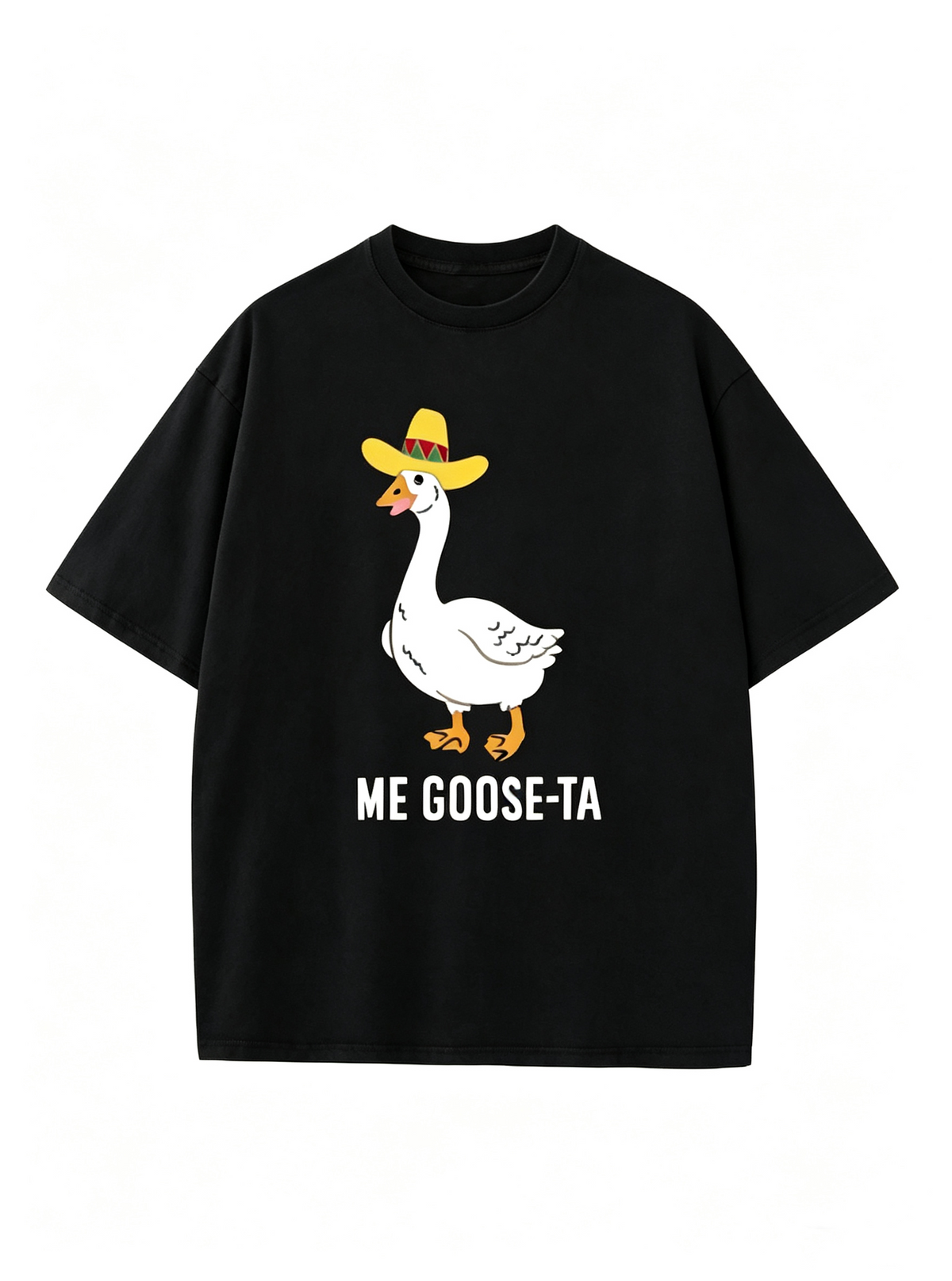 Women's Trendy Oversized Cotton T-Shirt – Washed/Distressed Finish, Featuring a Fun Cartoon Print of a "ME GOOSE-TA" (Goose in a Wide-Brimmed Hat)