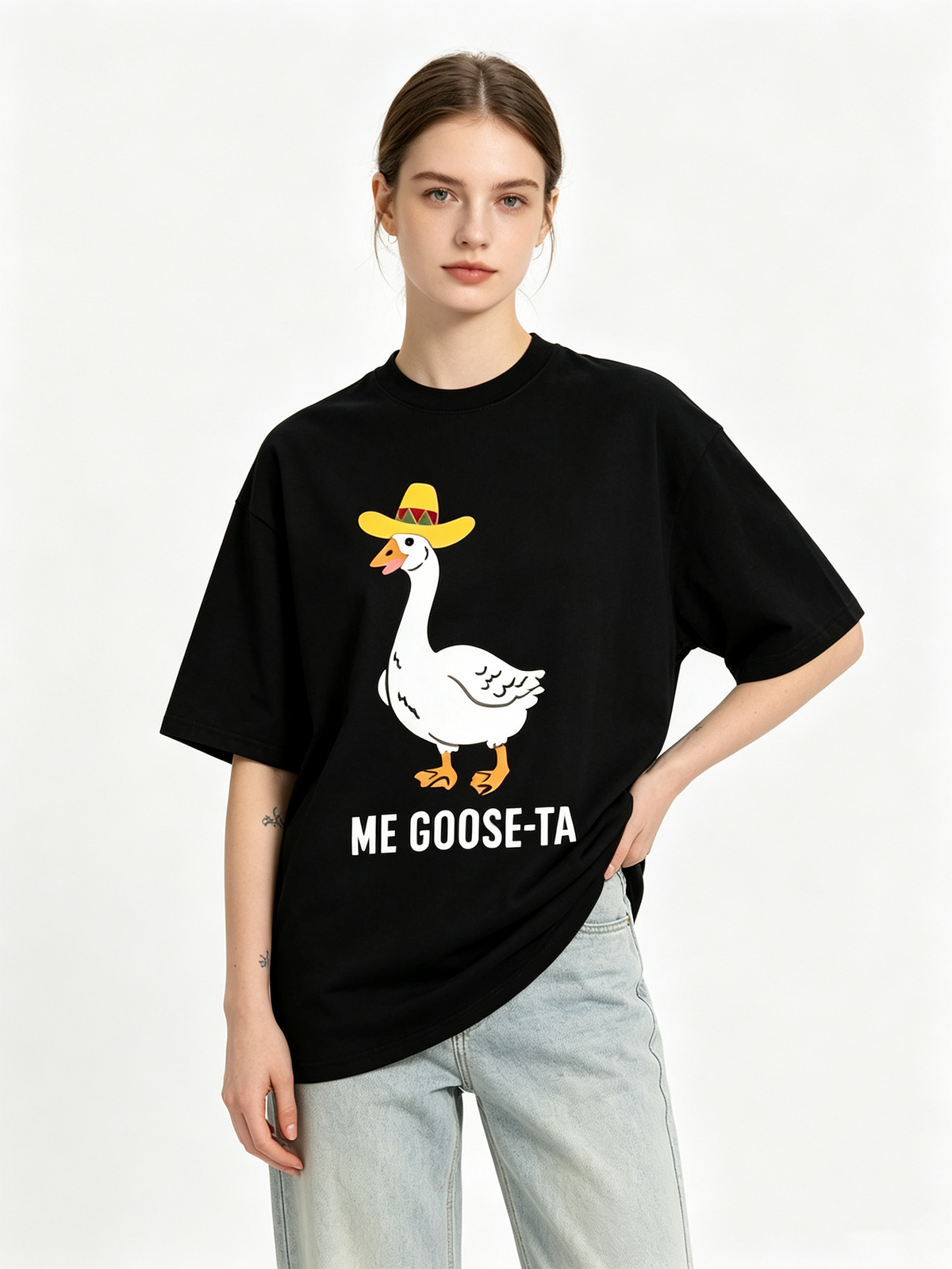 Women's Trendy Oversized Cotton T-Shirt – Washed/Distressed Finish, Featuring a Fun Cartoon Print of a "ME GOOSE-TA" (Goose in a Wide-Brimmed Hat)