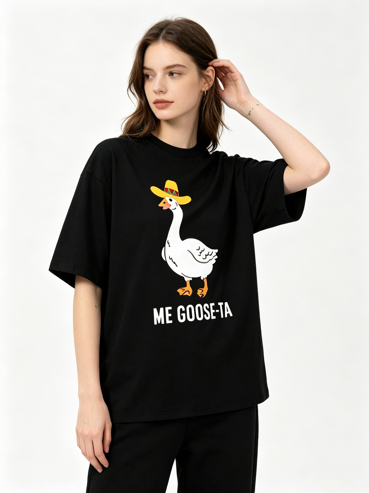 Women's Trendy Oversized Cotton T-Shirt – Washed/Distressed Finish, Featuring a Fun Cartoon Print of a "ME GOOSE-TA" (Goose in a Wide-Brimmed Hat)