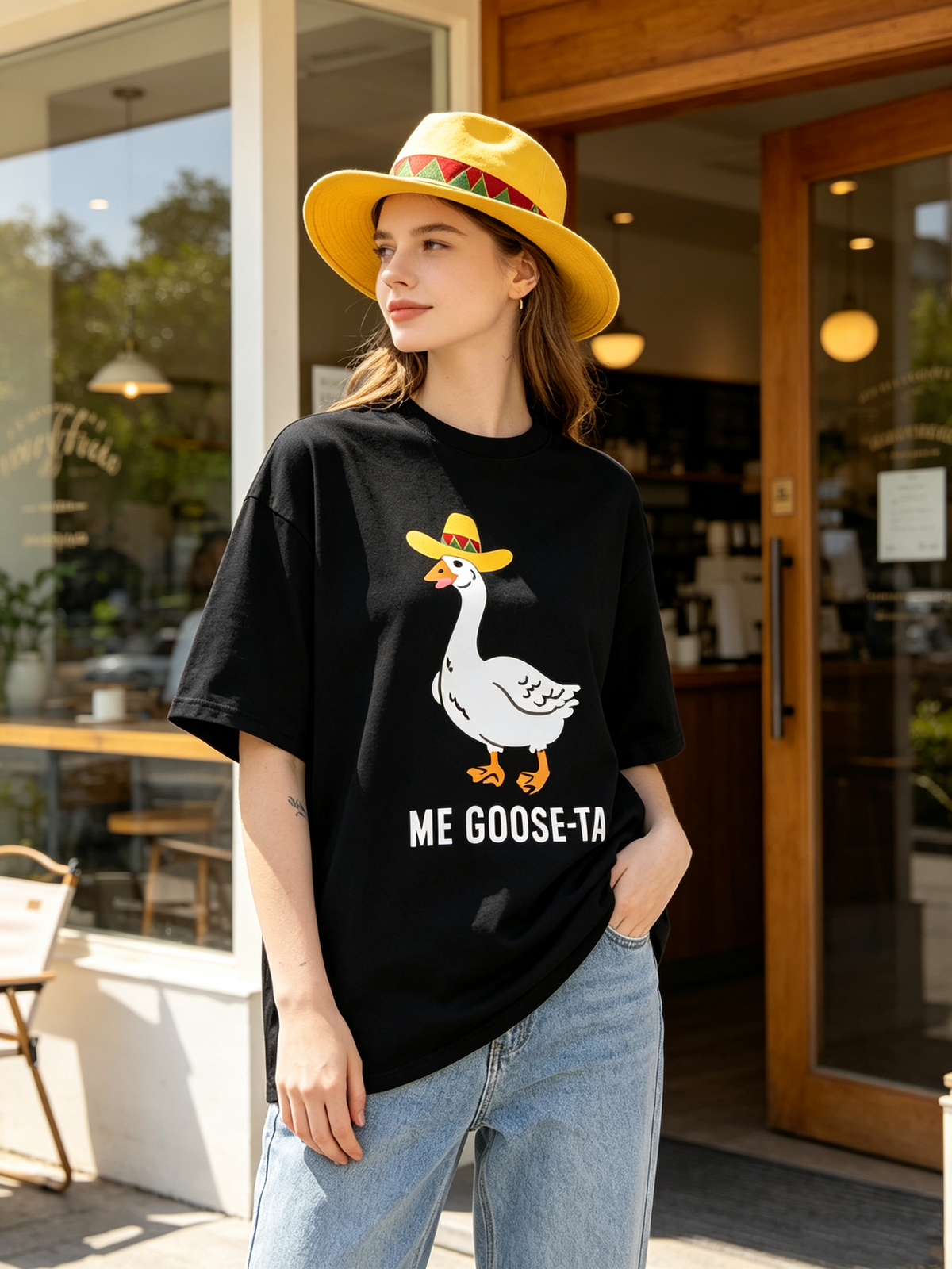 Women's Trendy Oversized Cotton T-Shirt – Washed/Distressed Finish, Featuring a Fun Cartoon Print of a "ME GOOSE-TA" (Goose in a Wide-Brimmed Hat)