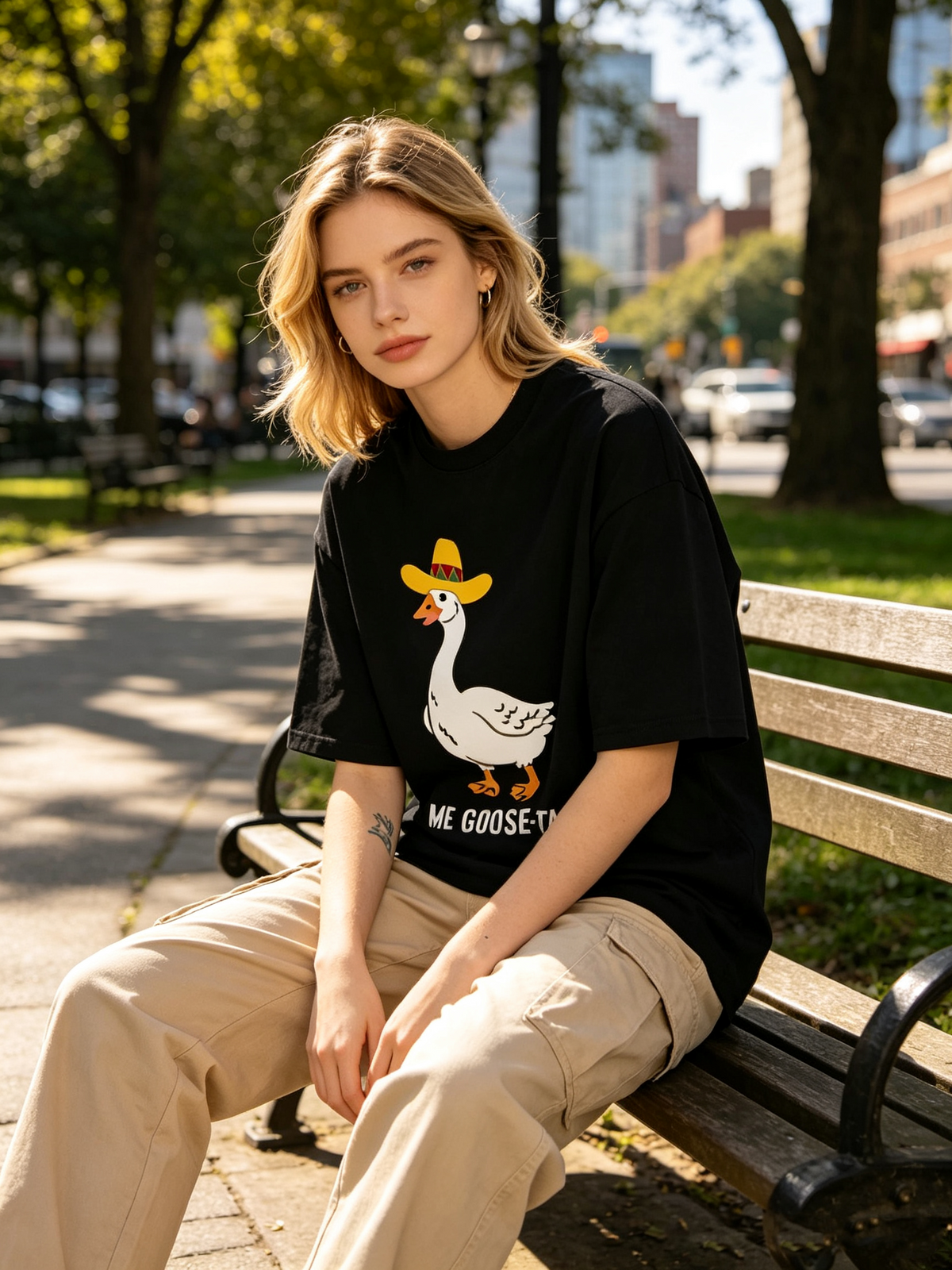 Women's Trendy Oversized Cotton T-Shirt – Washed/Distressed Finish, Featuring a Fun Cartoon Print of a "ME GOOSE-TA" (Goose in a Wide-Brimmed Hat)
