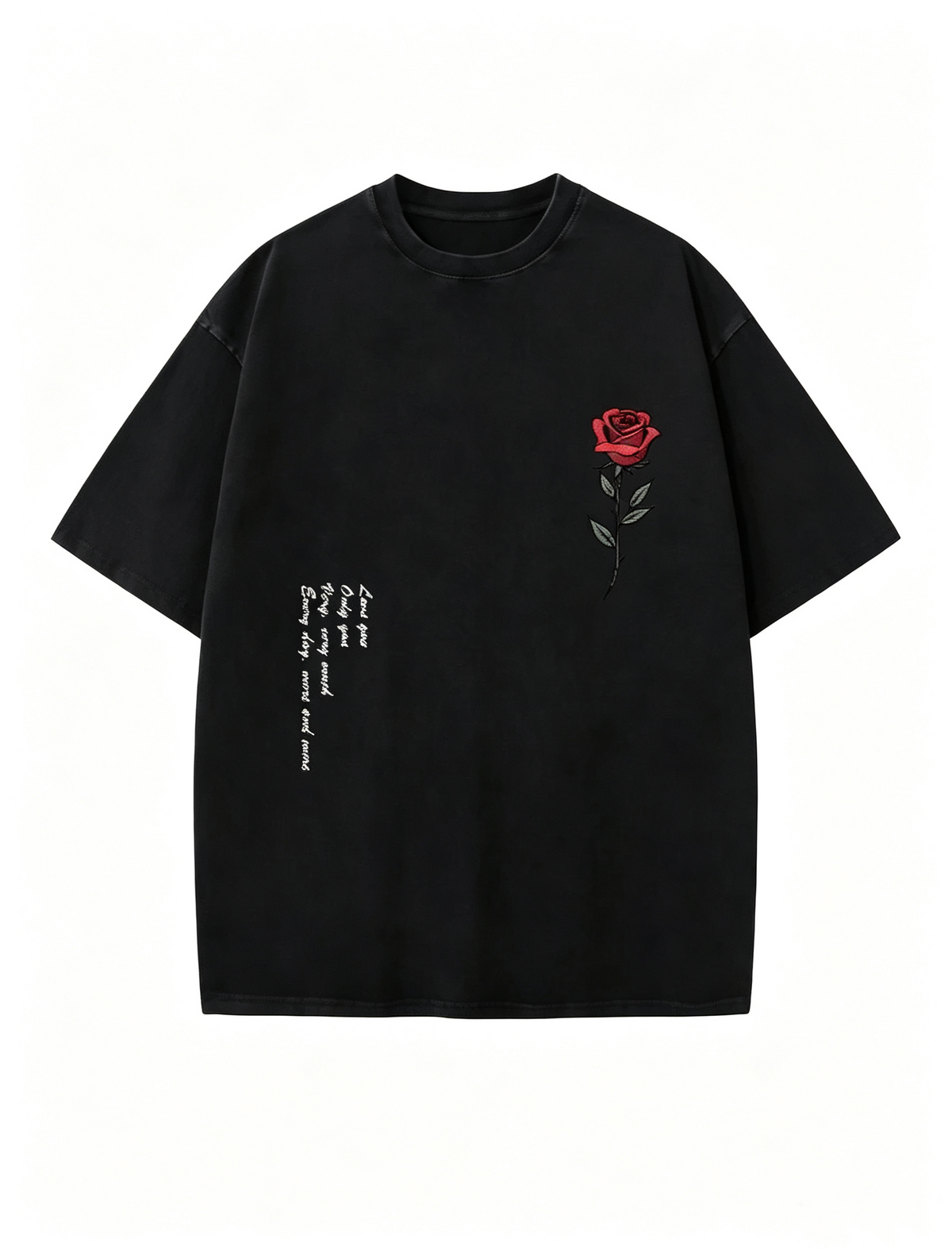 Women's Oversized Vintage-Style Washed Cotton T-Shirt – Featuring Red Rose Embroidery, Handwritten English Lettering on the Side, and an American Retro Aesthetic.
