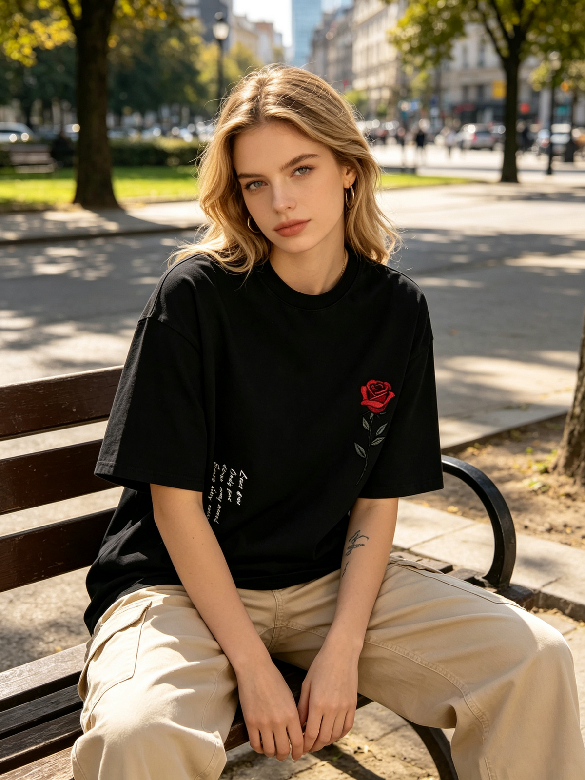 Women's Oversized Vintage-Style Washed Cotton T-Shirt – Featuring Red Rose Embroidery, Handwritten English Lettering on the Side, and an American Retro Aesthetic.
